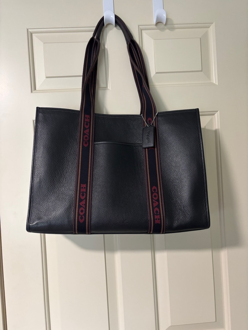 Coach Black Pebbled Leather Tote with Branded Brown-Strap Detail